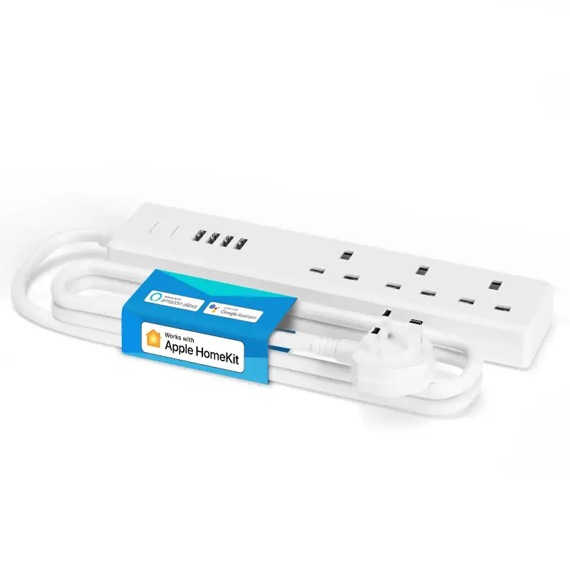 a white power strip with a blue label on it