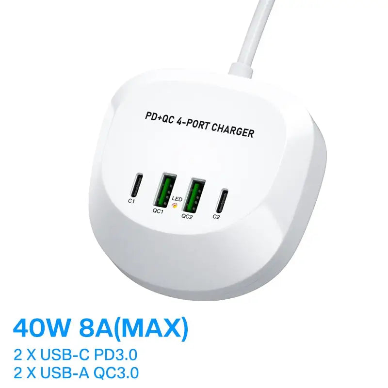 a white power strip with a usb cable attached to it