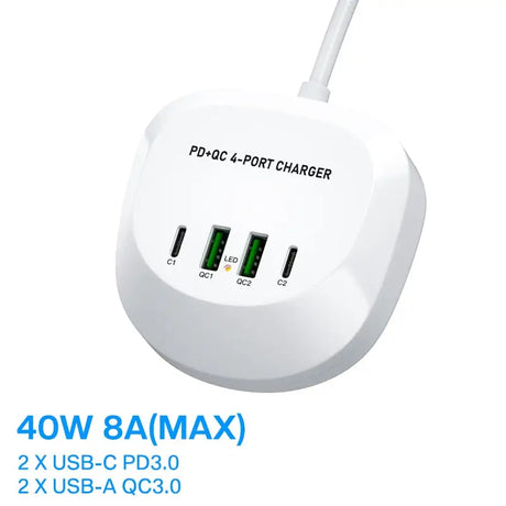 a white power strip with a usb cable attached to it