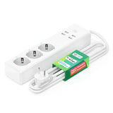 A white power strip with a green box