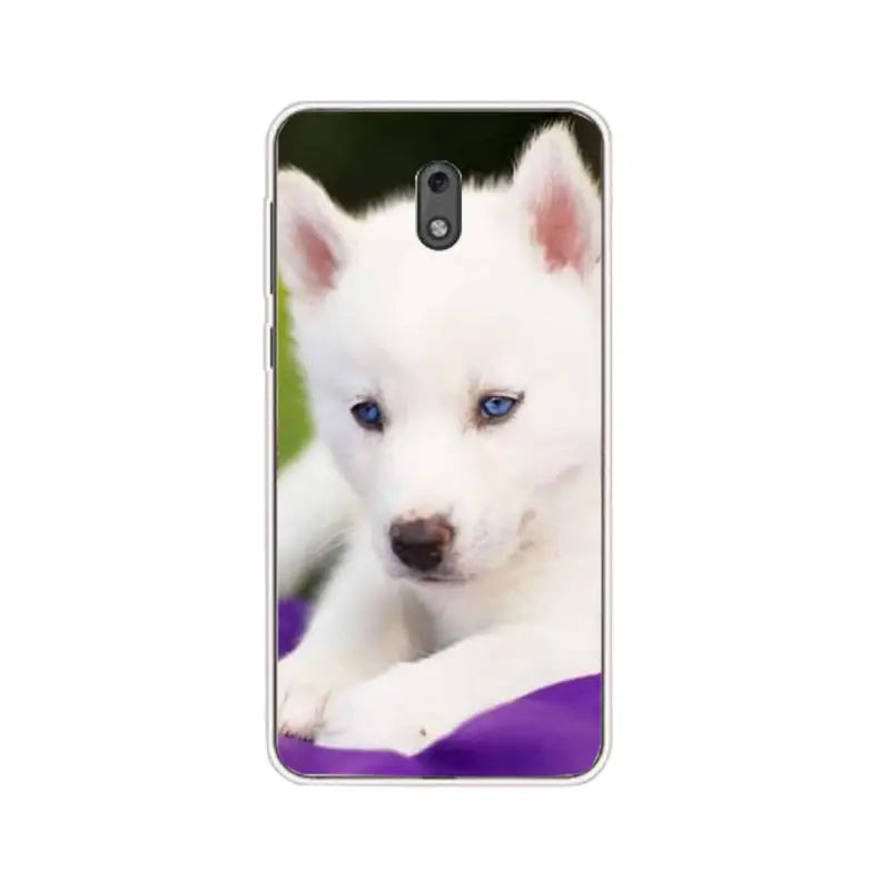 a white puppy dog with blue eyes on a purple background