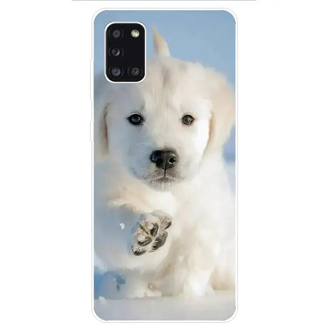 A white puppy dog with a blue sky background phone case