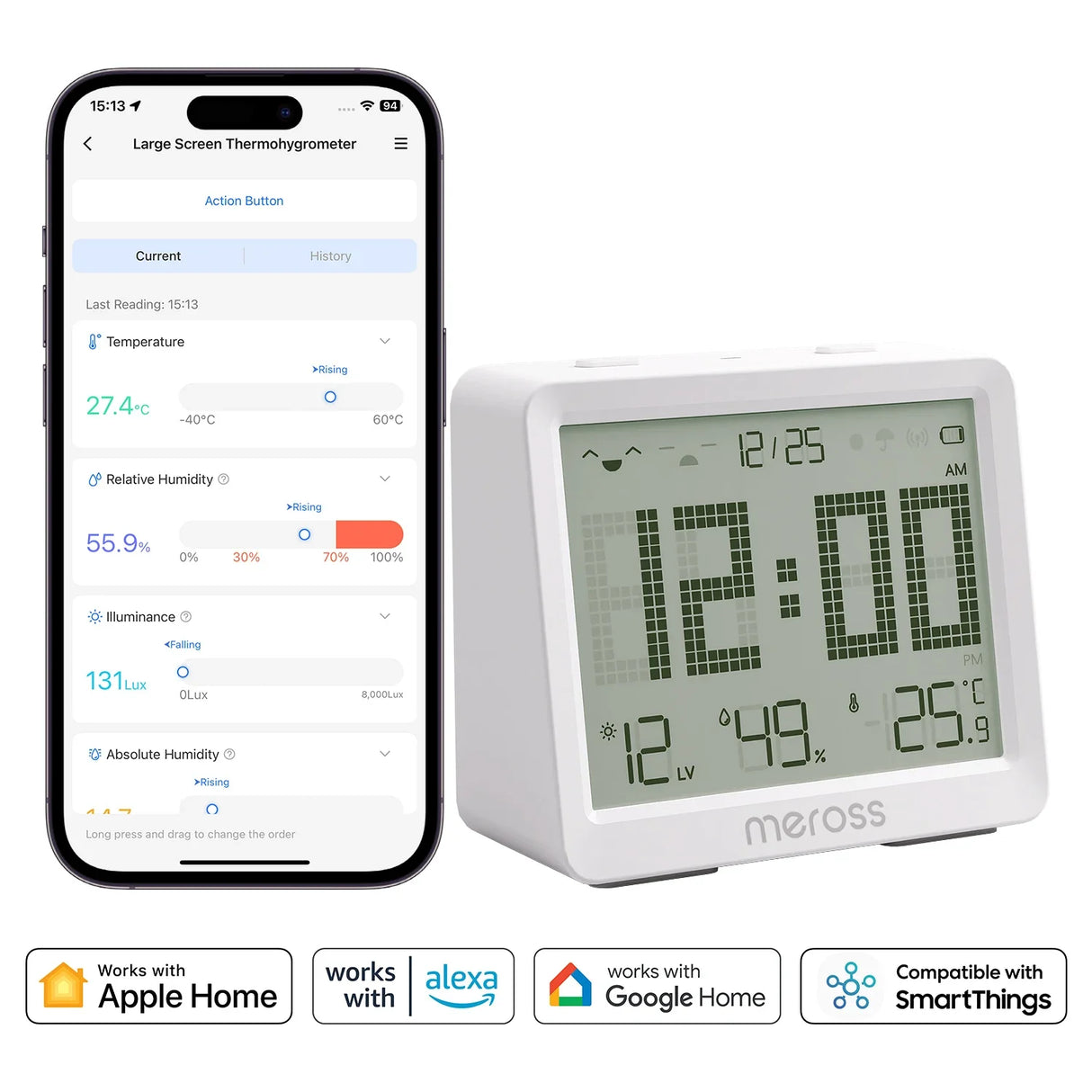 White rectangular meross wifi digital thermometer and hygrometer with large screen showing time temperature humidity and illuminance