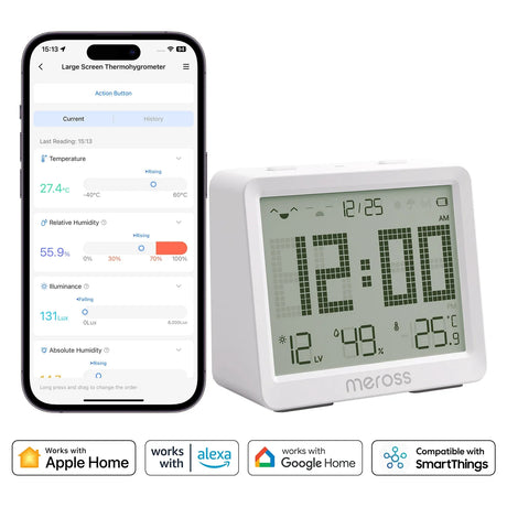 White rectangular meross wifi digital thermometer and hygrometer with large screen showing time temperature humidity and illuminance
