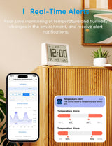 White rectangular meross wifi temperature humidity sensor with clear display showing time temperature and humidity readings