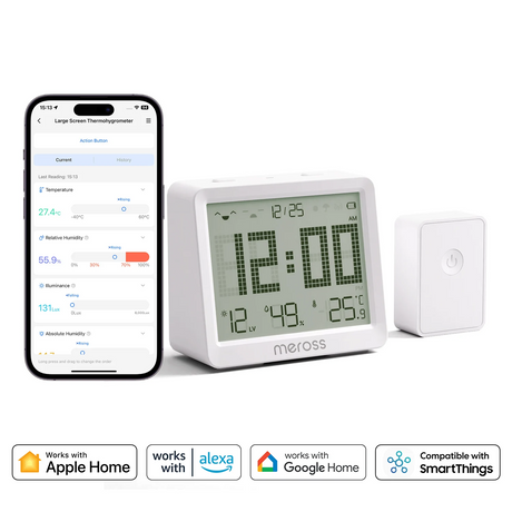 White rectangular meross wifi temperature humidity sensor with large screen displaying time and metrics with matching sensor unit