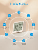 White rectangular meross wifi smart weather station with digital display showing time temperature and humidity