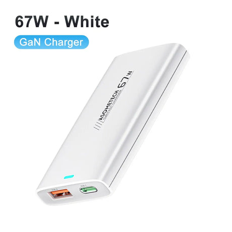 White rectangular portable GaN charger with two charging ports.