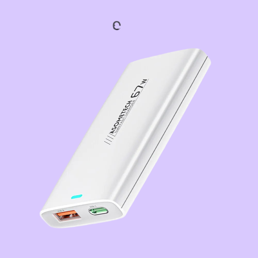 White rectangular portable power bank with USB ports.