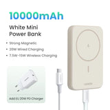 White rectangular power bank with magnetic wireless charging capability and 10000mAh capacity.