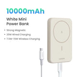 White rectangular power bank with magnetic wireless charging capability and a USB cable.