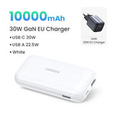 White rectangular power bank with USB ports and 10000mAh capacity.