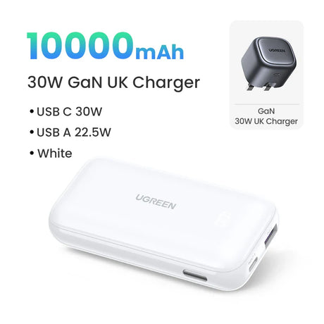 White rectangular power bank with USB-C and USB-A ports, labeled as 10000mAh capacity.