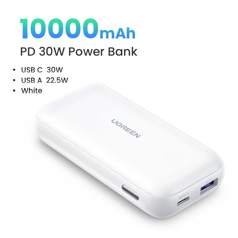 White rectangular power bank with 10000mAh capacity and 30W PD charging capability.