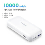 White rectangular power bank with 10000mAh capacity and 30W PD charging capability.