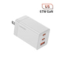 White rectangular USB charger with three ports, labeled as 67W GaN and featuring the Topoki brand.