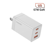 White rectangular USB charger with three ports, labeled as 67W GaN and featuring the Topoki brand.