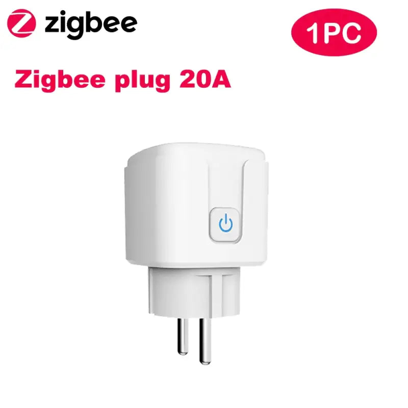 a white and red zigbee plug with a red button