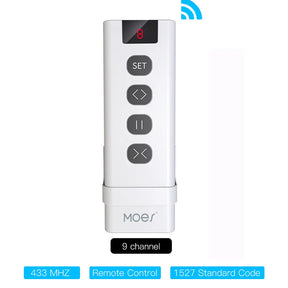 White remote control with multiple buttons.