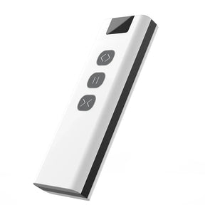 White remote control with three gray buttons.
