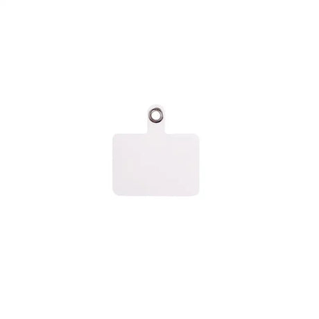 a white tag with a metal ring