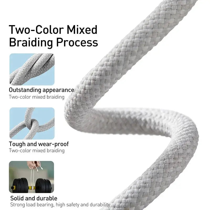 a white rope with two different types of braiding