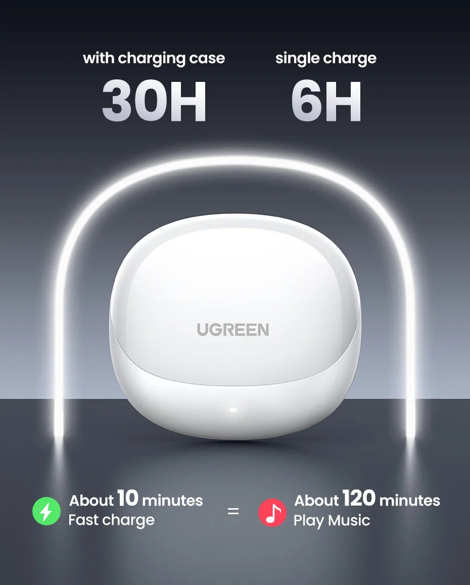 White, rounded charging case for wireless earbuds labeled ’UGREEN’.