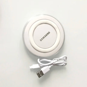 White samsung qi wireless charger with sleek circular design and clear protective cover usb c connection 10w usb