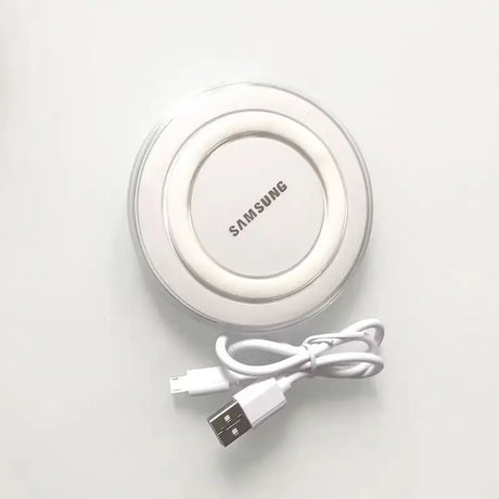 White samsung qi wireless charging pad with clear protective cover and white usb cable with usb c connection 10w usb