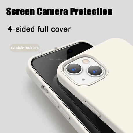 Off-white silicone phone case with raised edges for screen and camera protection.