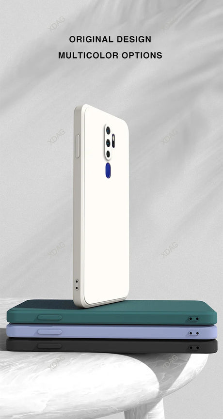White straight edge silicone phone case with blue camera cutout for oppo a5 a9 a11 a11x 5g showing back side