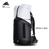 a white backpack with a black and white logo