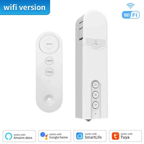 White smart blind motor and remote.