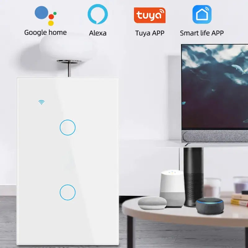 A white smart home device with various icons