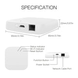 White smart home hub with dimensions and port labels.
