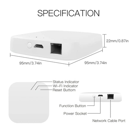White smart home hub with dimensions and port labels.