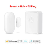 a white smart home security device with a button and a sensor