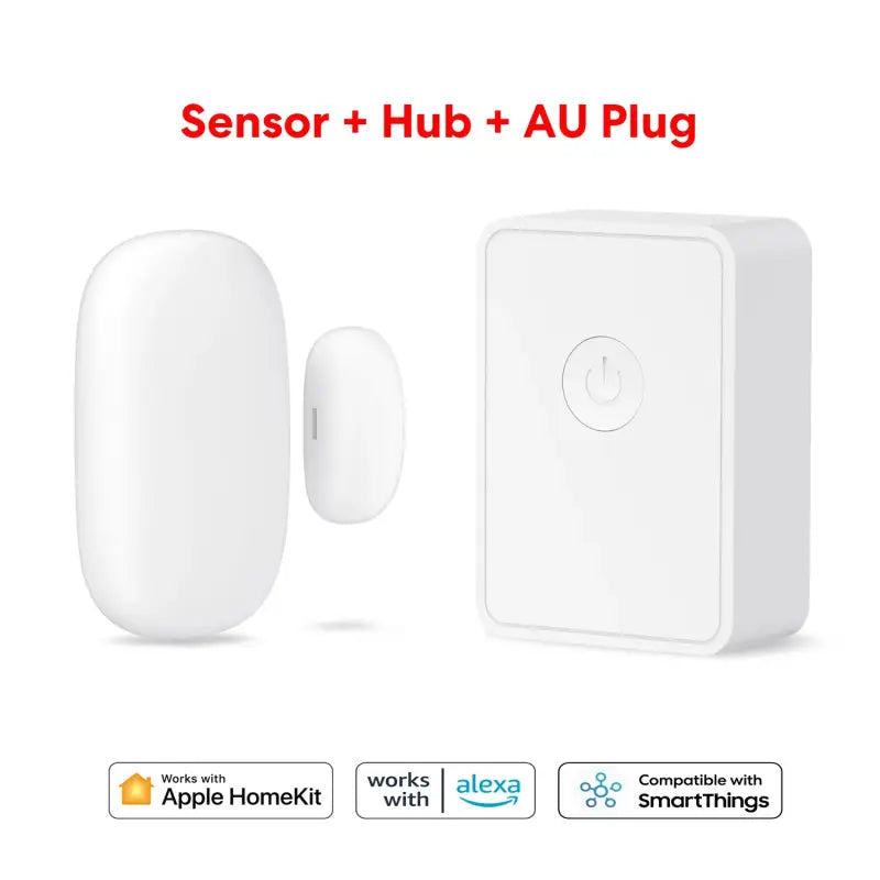 A white smart home security system with a button and a remote control