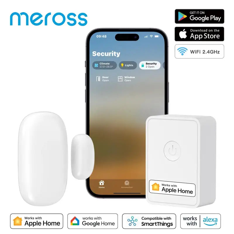 A white smart home security system with a phone and a smart home app