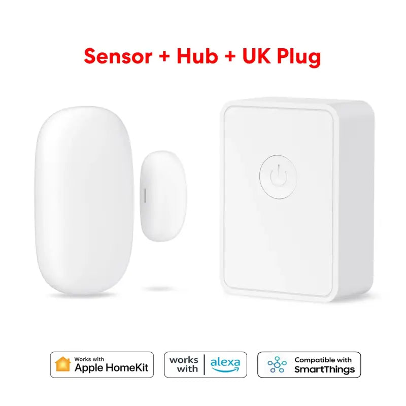 a white smart home security device with a button and a remote control