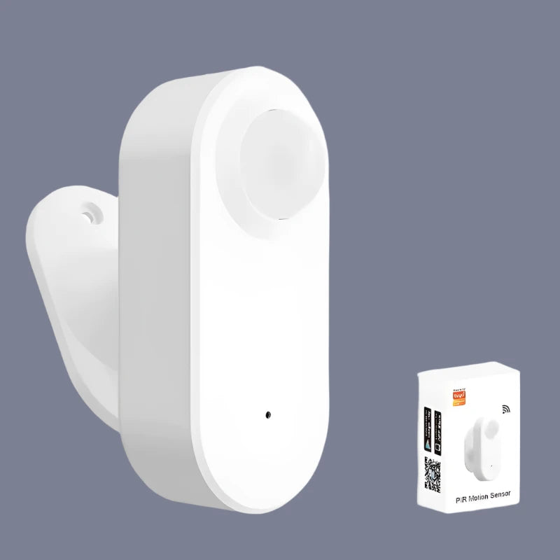 a white smart home security device with a remote control