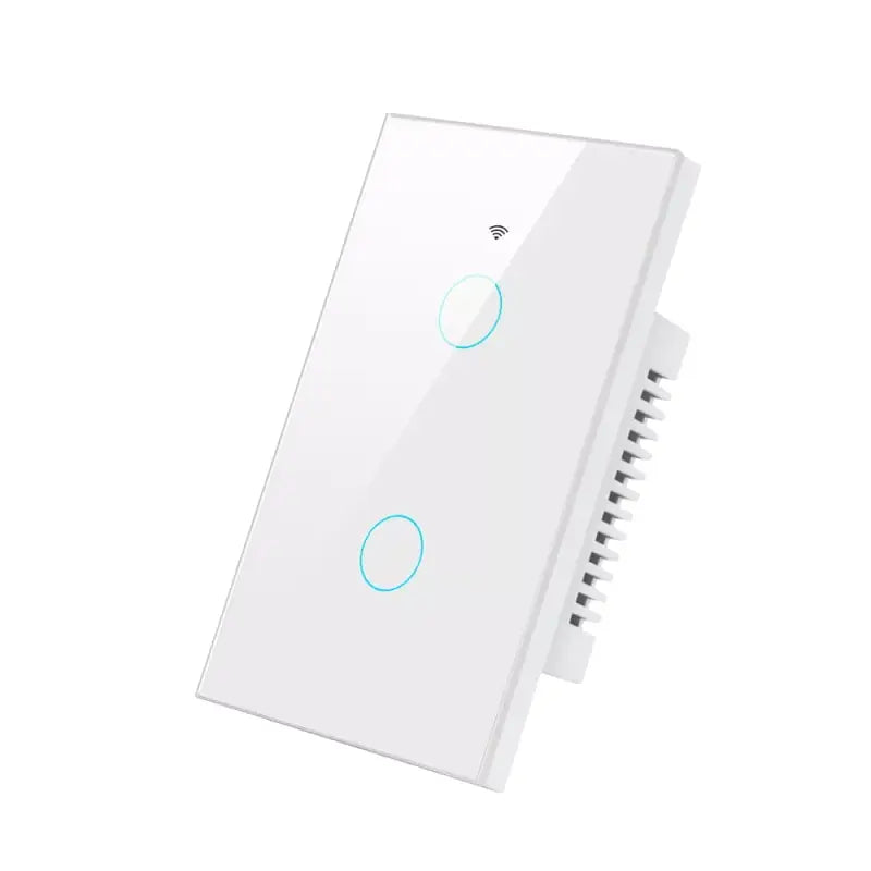 A white smart light switch with a blue button