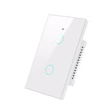 a white smart light switch with a blue button