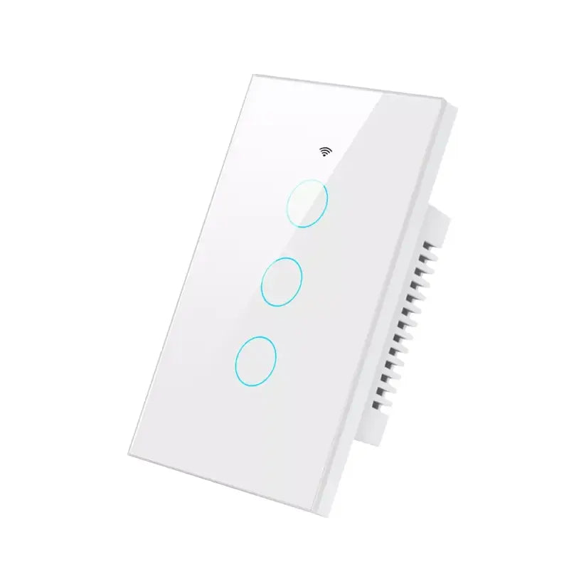 A white smart light switch with two blue buttons