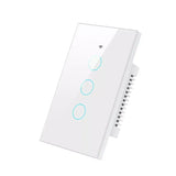 a white smart light switch with two blue buttons