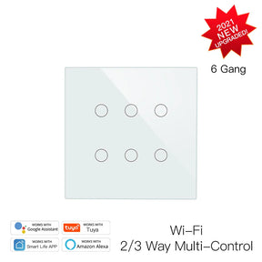 White smart light switch with six buttons.