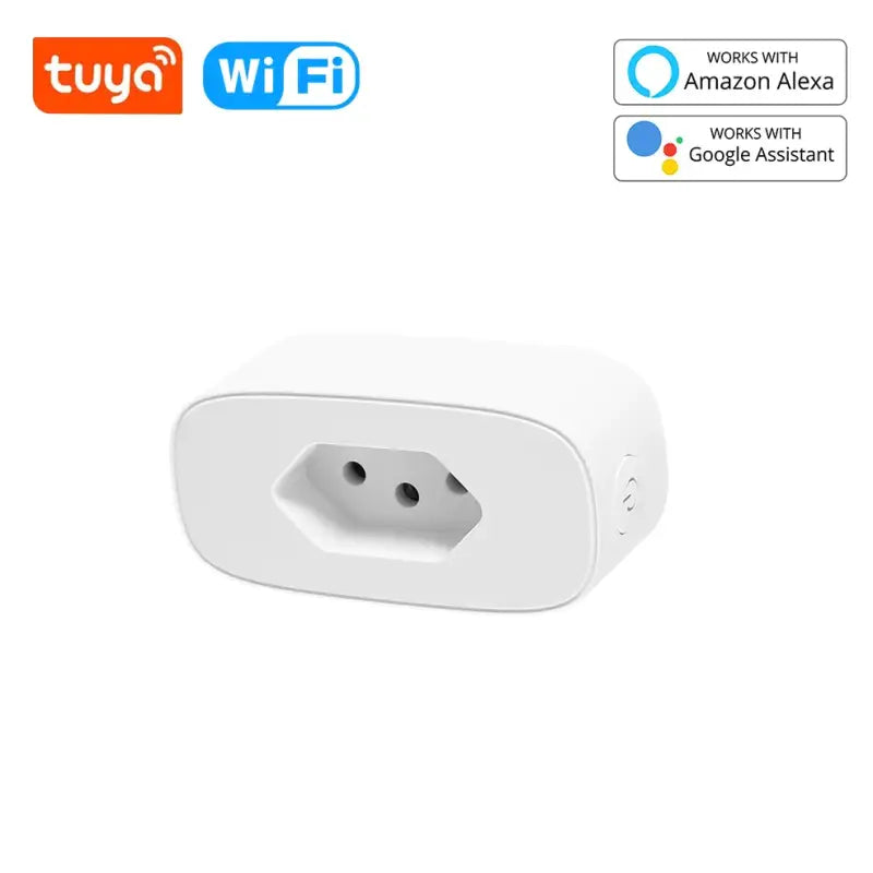 A white smart plug with a bluetooth and a white button