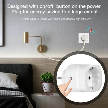 White smart plug with on/off button.