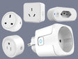 A white smart plug outlet with various different types of plugs