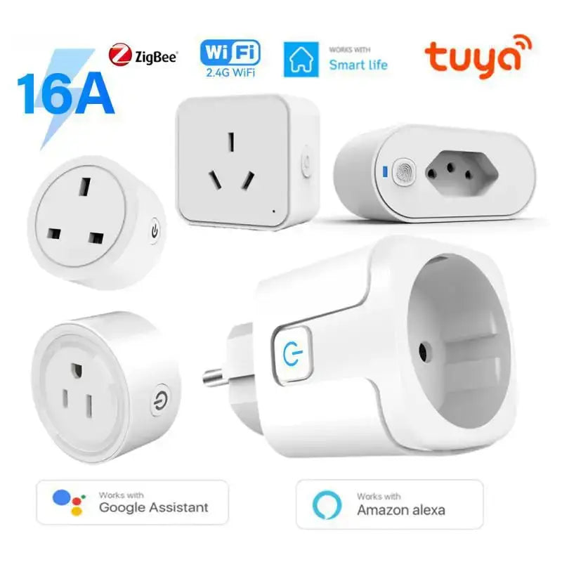 A white smart plug outlet with various different types of plugs